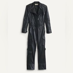 ZARA SRPLS Genuine 100% Leather Jumpsuit Moto Utility Belted Black Size XS NWT
